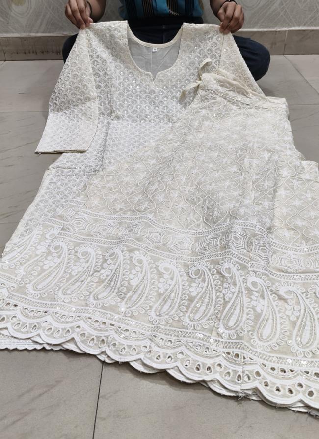 Cambric Cotton White Festival Wear Chikankari Phulkari Kurti With Palazzo